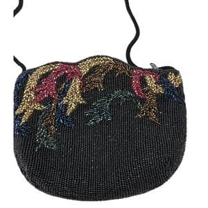 Vintage 80s Black & Multi Colored Hand Beaded Evening Bag Purse Robinsons